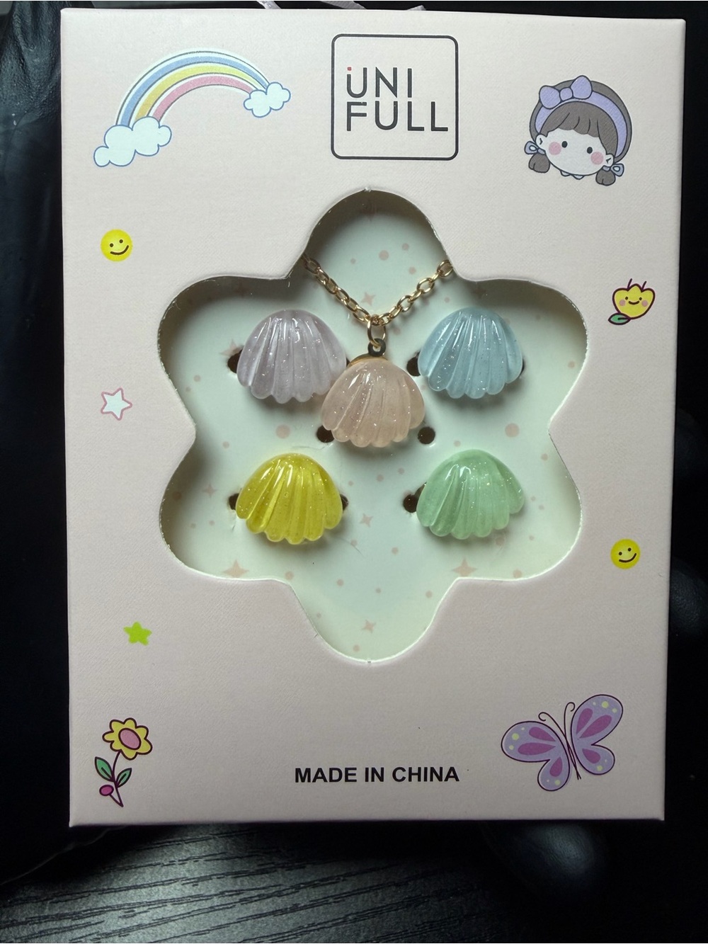 5pc Cute Kids Pastel Shell Necklace And Rings Set - Multicolor